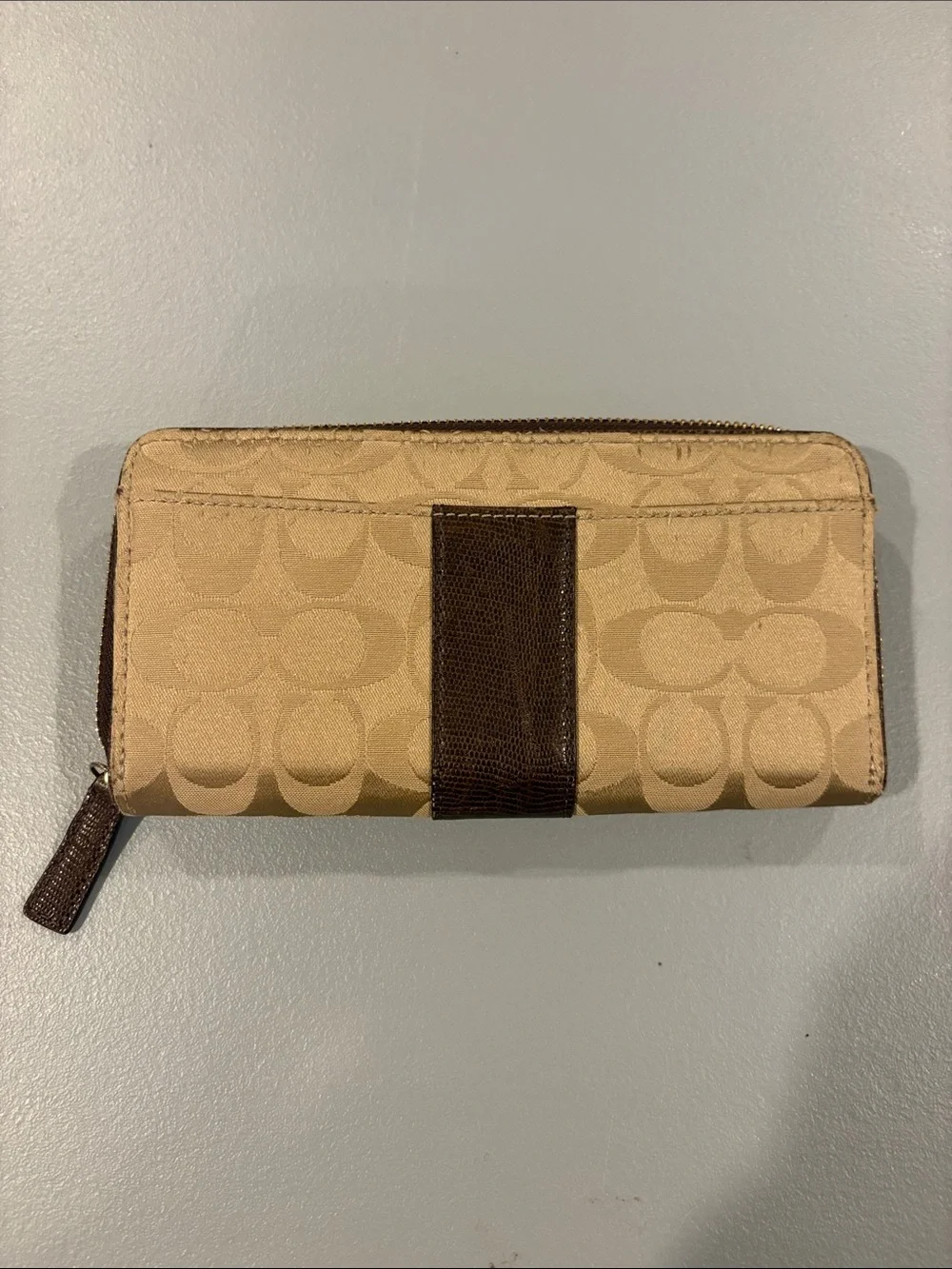 Coach Beige Signature Canvas Zip Wallet with Brown Center Stripe
